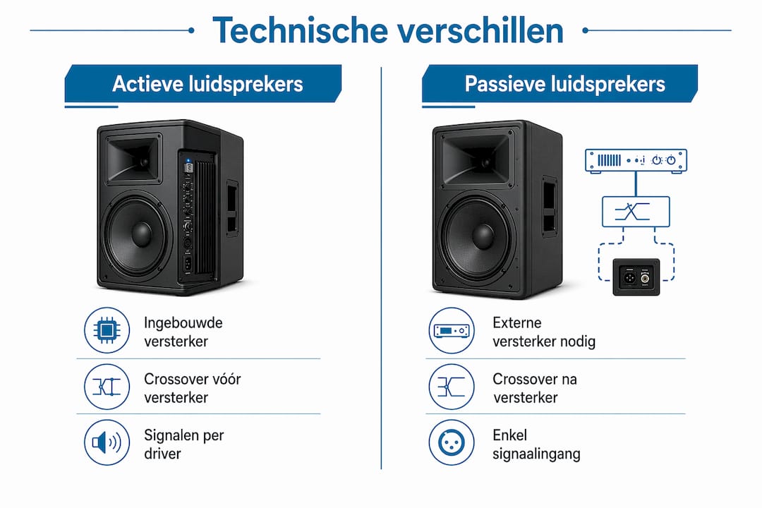 Infographic: de belangrijkste technische verschillen tussen actieve en passieve speakers op een rij