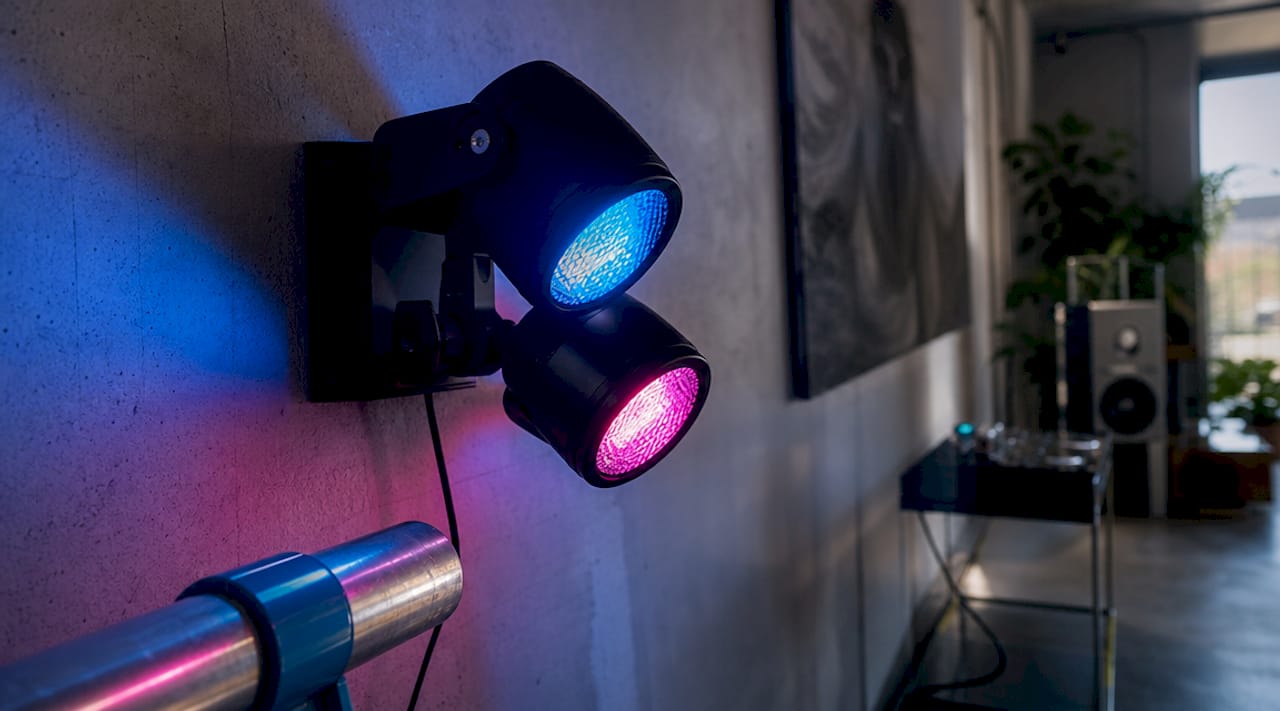 Detailopname van LED-spots die reageren op muziek in de DJ booth