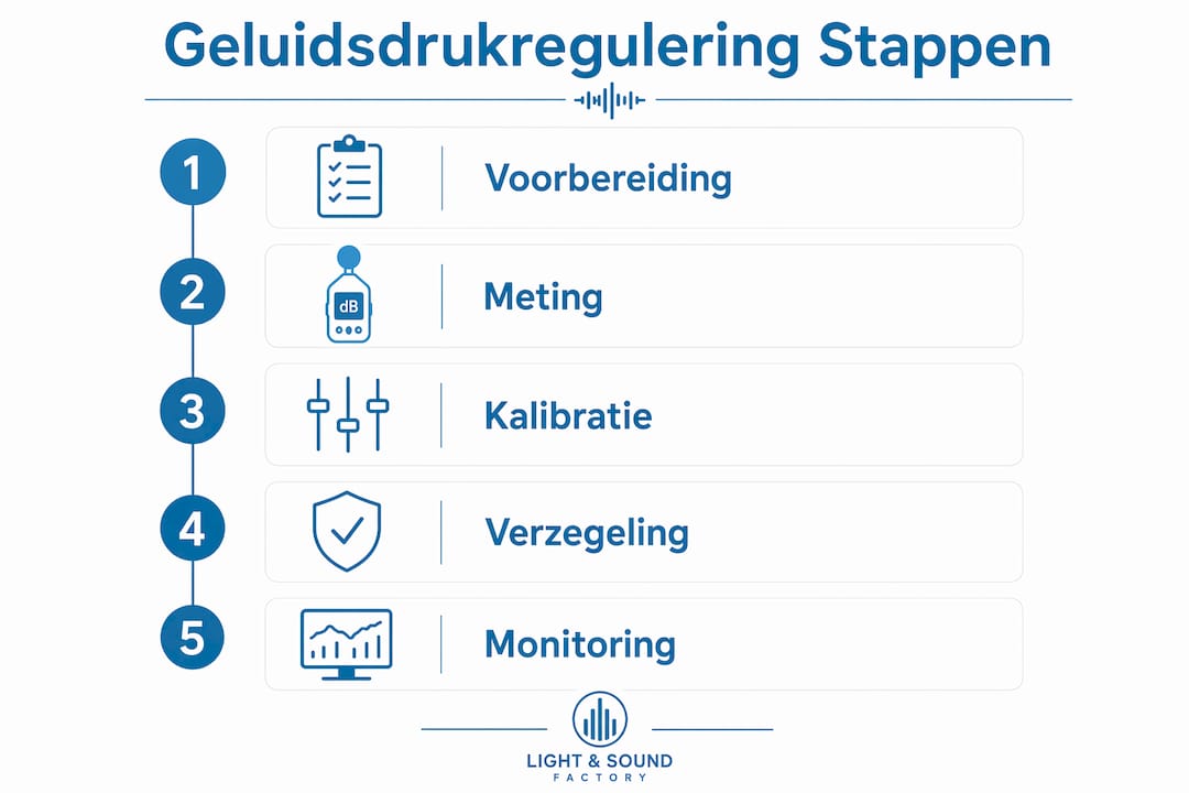 Overzichtelijke infographic met stappenplan voor het reguleren van geluidsdruk
