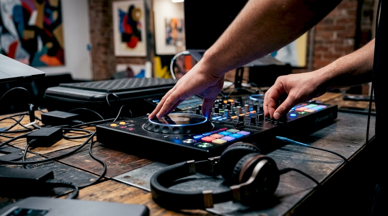 Twee handen stellen de knoppen van een DJ-controller af in een thuisstudio.