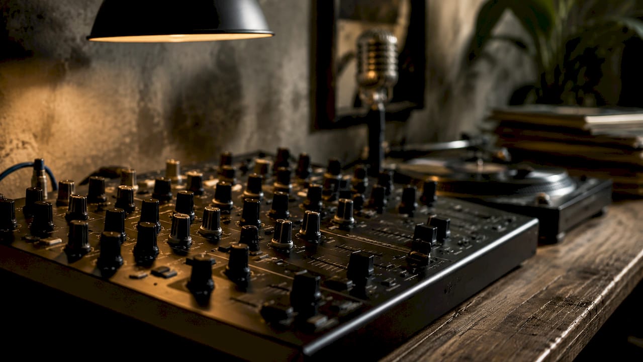Detailopname van de knoppen en schuiven op een dj-mixer