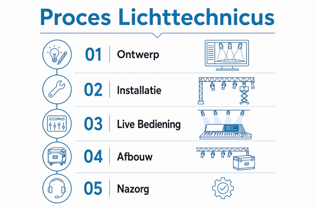 Infographic: het werkproces van een lichttechnicus stap voor stap uitgelegd