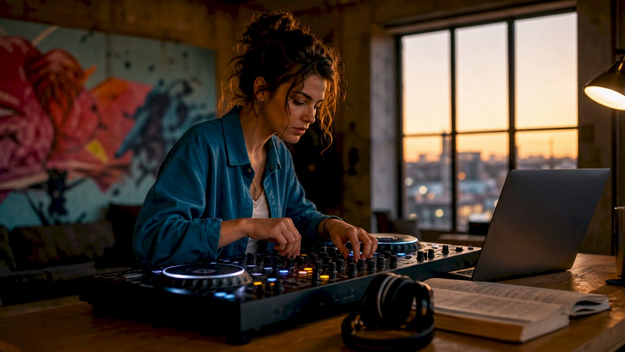 Met je handen aan de DJ-controller terwijl je laptop ernaast staat