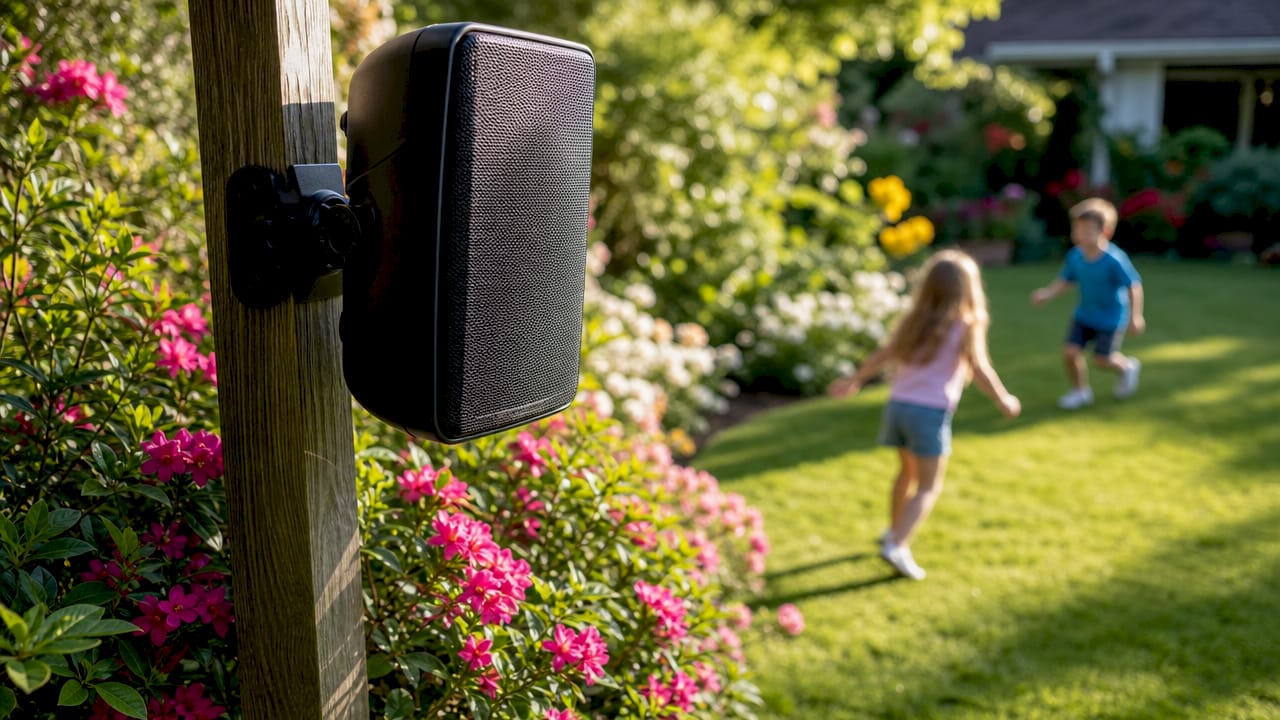Detailopname van een waterbestendige buitenspeaker met druppels op de behuizing