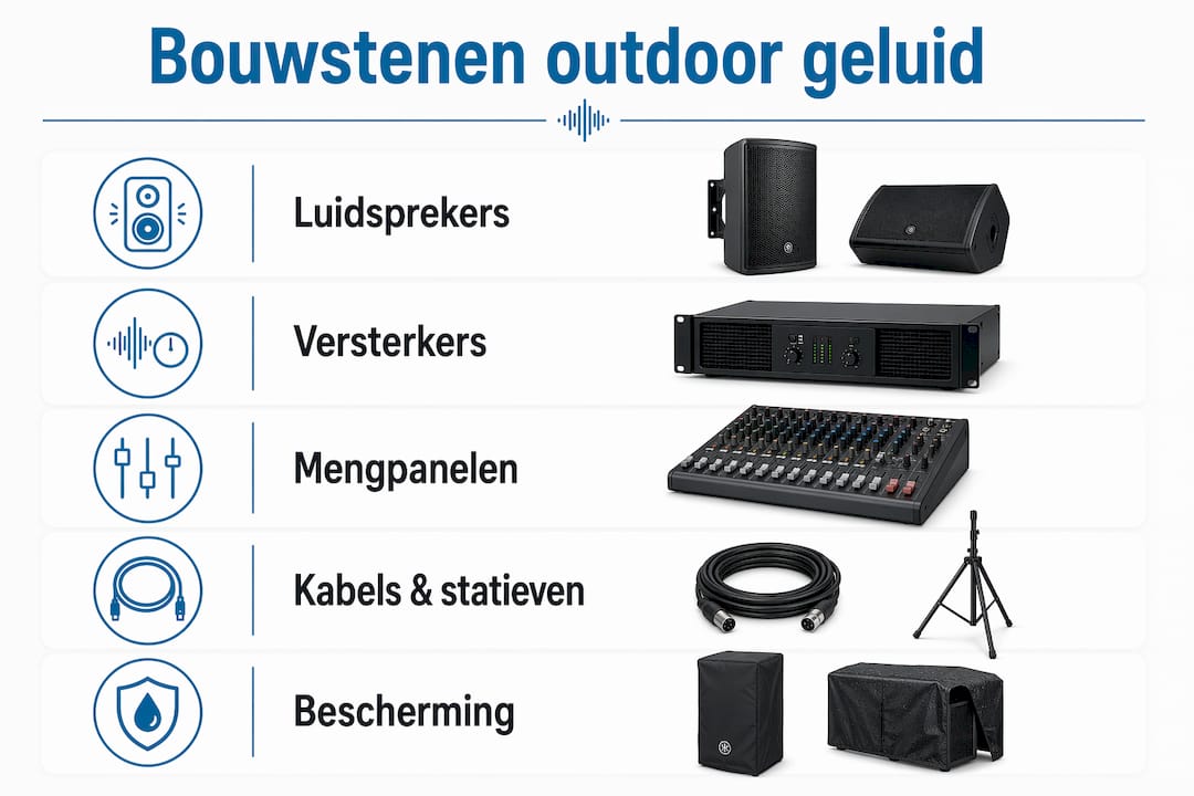 Overzichtelijke infografiek met de belangrijkste stappen voor het opzetten van een geluidsinstallatie in de buitenlucht