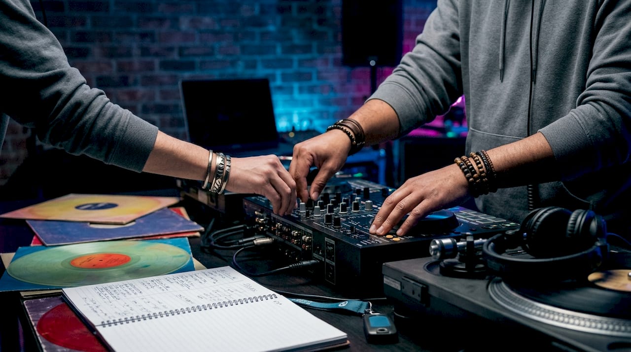 Van bovenaf gefotografeerd: een DJ die met zijn handen het tempo van de muziek regelt.