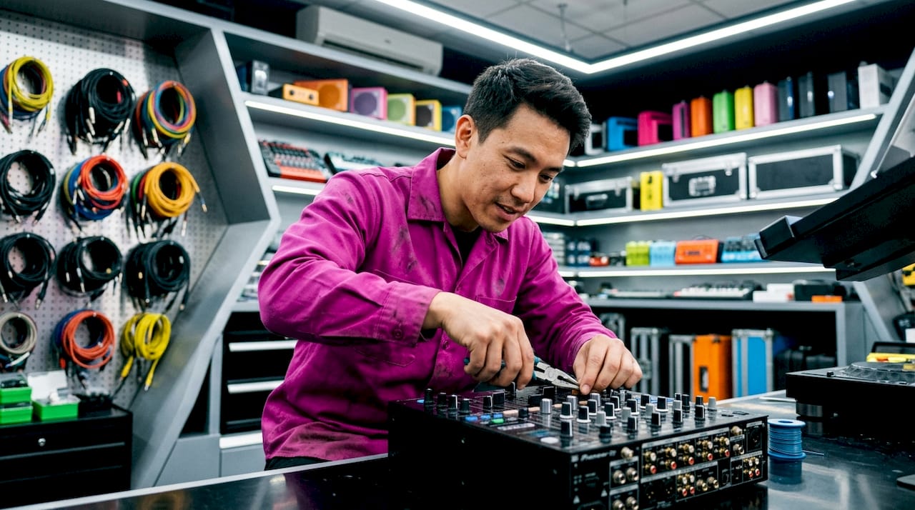 Een technicus zorgt voor het onderhoud van hoogwaardige audioapparatuur.