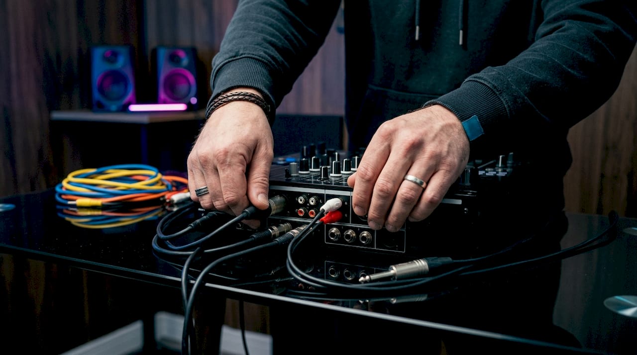 Handen die onmisbare DJ-kabels aansluiten