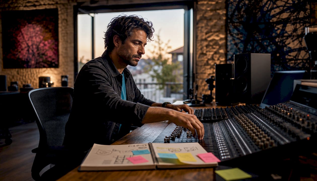 Studio-engineer stuurt DSP-controller aan tijdens opnames