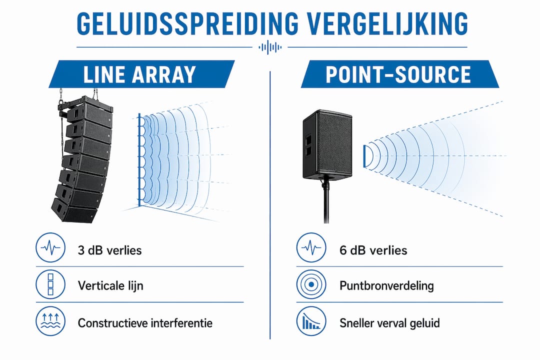 Infographic: verschil in geluidsverdeling tussen line array en point-source speakers