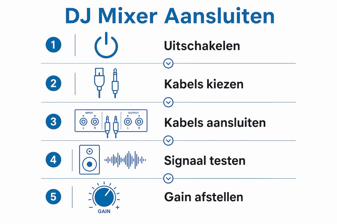 Overzichtelijke infographic: zo sluit je stap voor stap een DJ-mixer aan