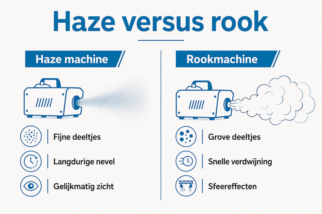 Overzichtelijke infographic: de verschillen tussen een hazer en een rookmachine op een rij