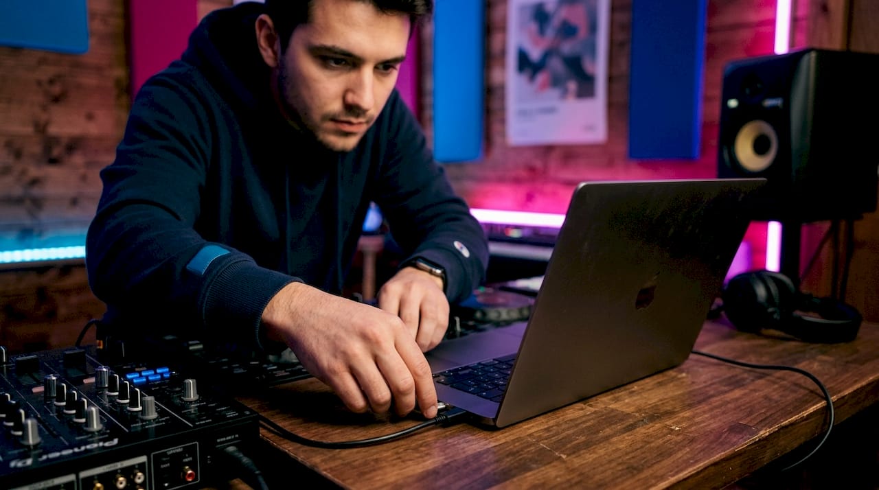 Close-up van handen die een USB-kabel aansluiten op een DJ-controller.
