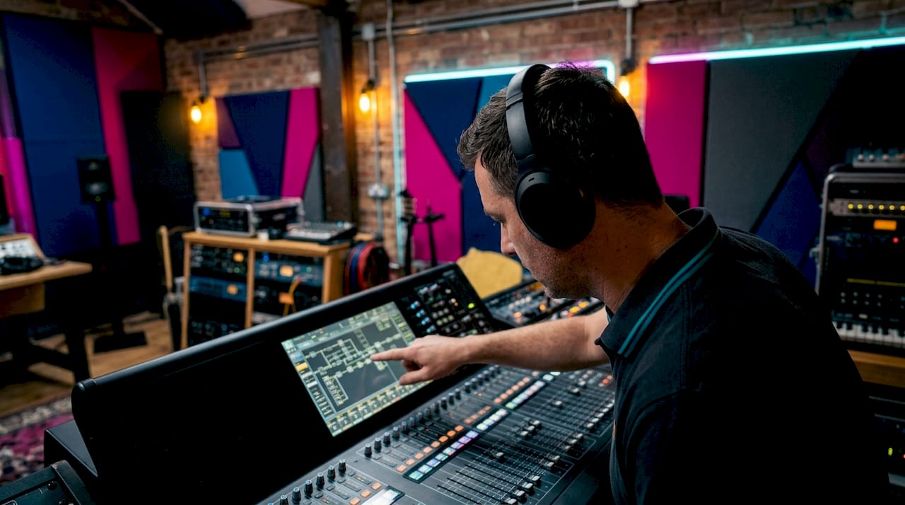 Een man zoomt in op het routingscherm van een digitale mixer.