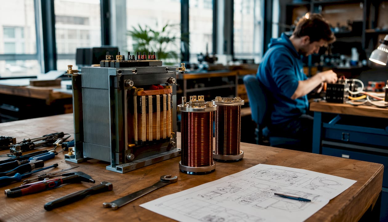 Detailopname van de transformator en spoelen in het apparaat
