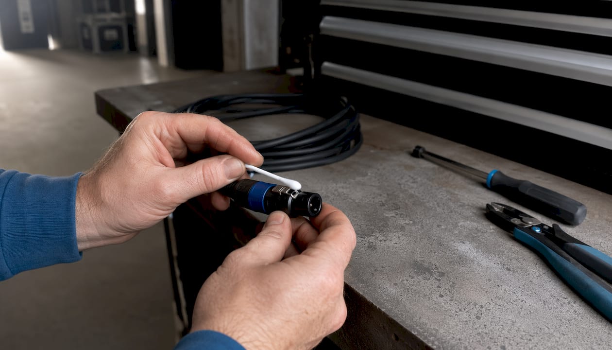 Met een beetje alcohol maakt iemand met de hand de connector van de luidsprekerkabel schoon.