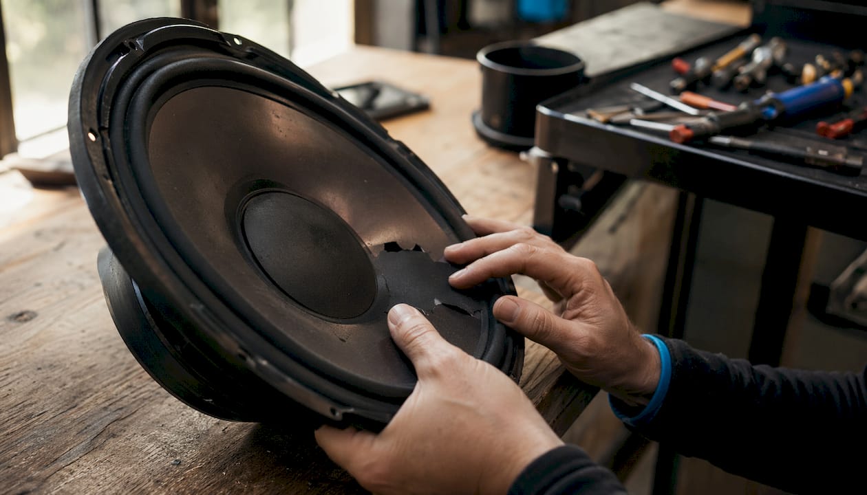 Een technicus bekijkt het gescheurde membraan van een luidspreker nauwkeurig.