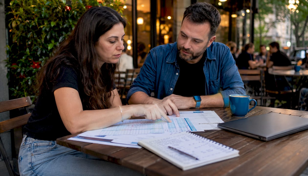 Twee zakelijke partners zitten samen aan tafel en bespreken de voordelen van groot inkopen, zoals extra korting en betere deals.