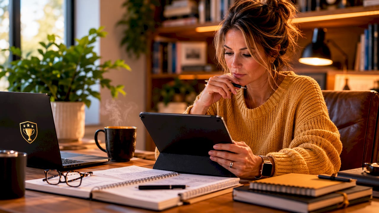 Woman researching quarterback draft strategy tablet