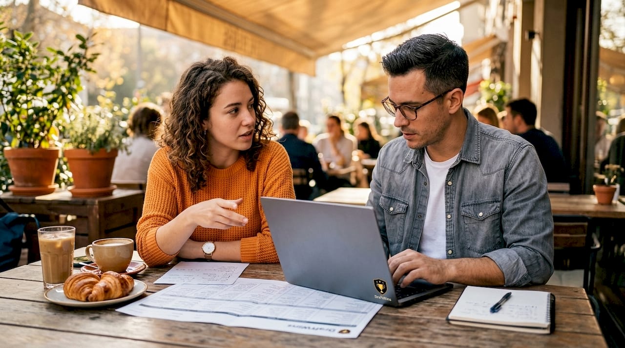 Two fans analyzing NFL draft order at café table