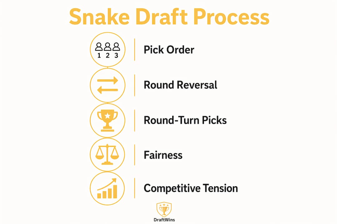 Infographic illustrating snake draft steps and advantages