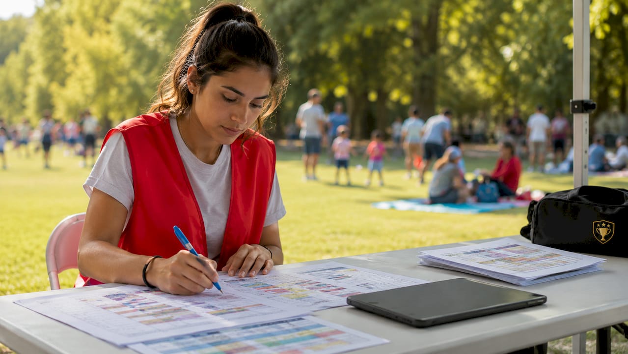 Volunteer organizing youth sports tournament pools