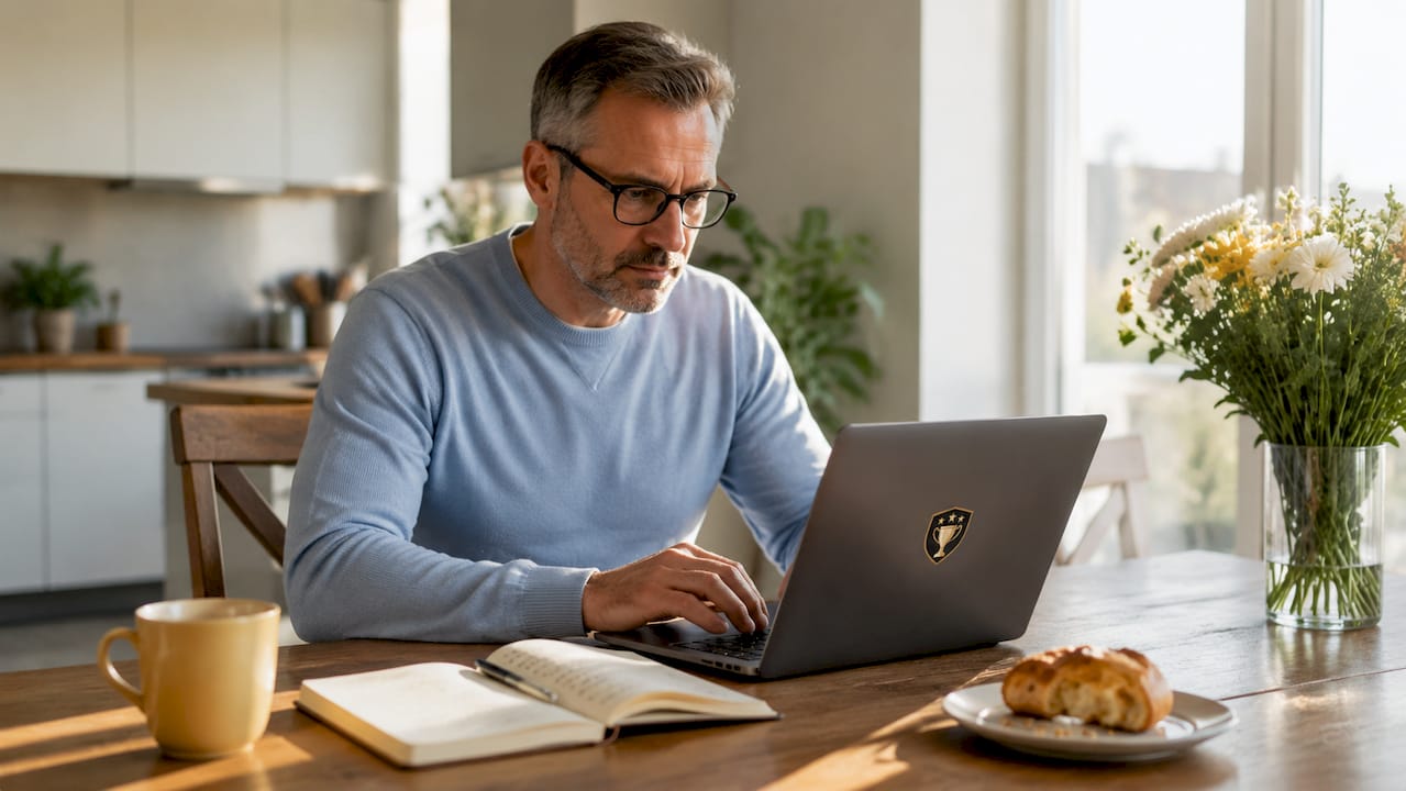 Man typing on laptop updating sports pool scores