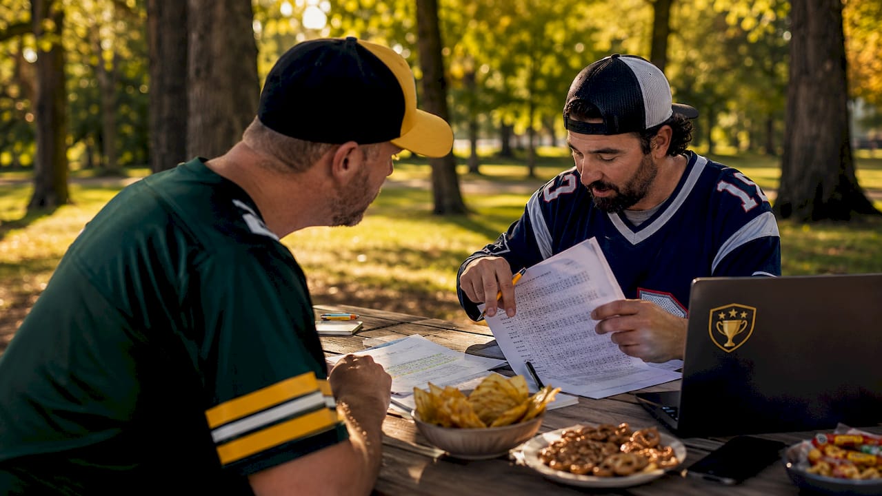 Hands comparing fantasy draft order sheets at café table