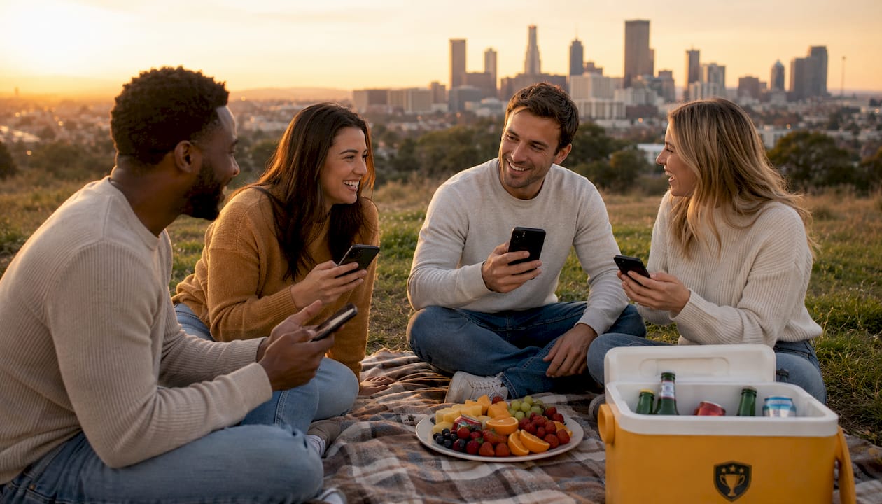 Friends discussing pick'em pools at picnic table