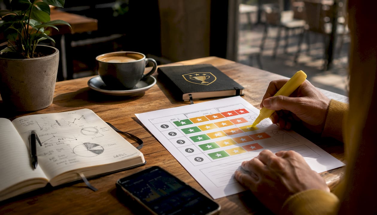 Hands marking numeric rating scale on paper
