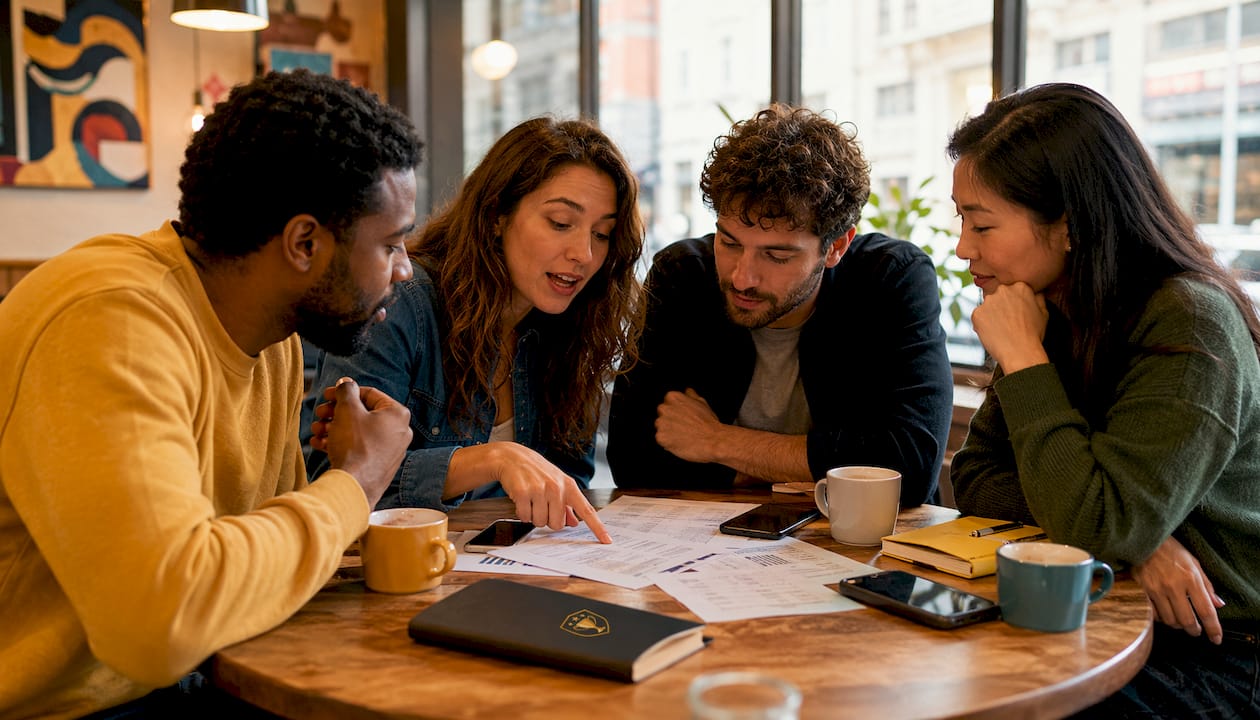 Group discussing football pool strategies at kitchen table