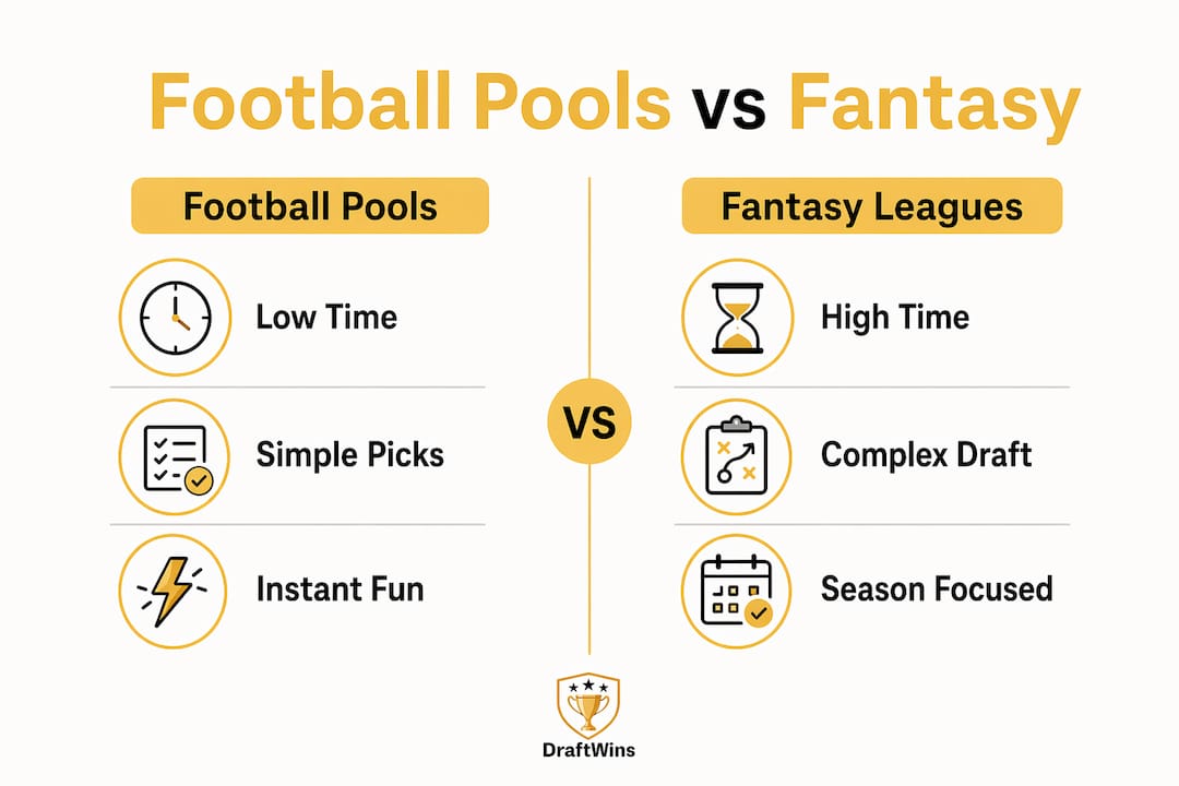 Infographic comparing football pools and fantasy leagues with key features
