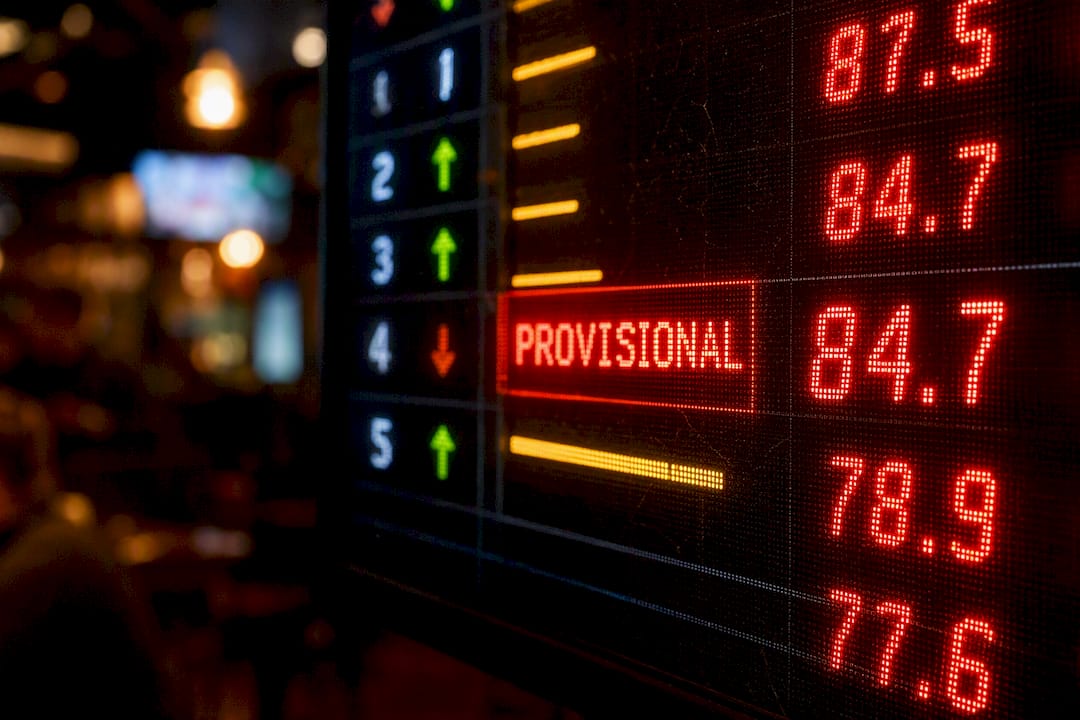 Digital scoreboard showing provisional scores