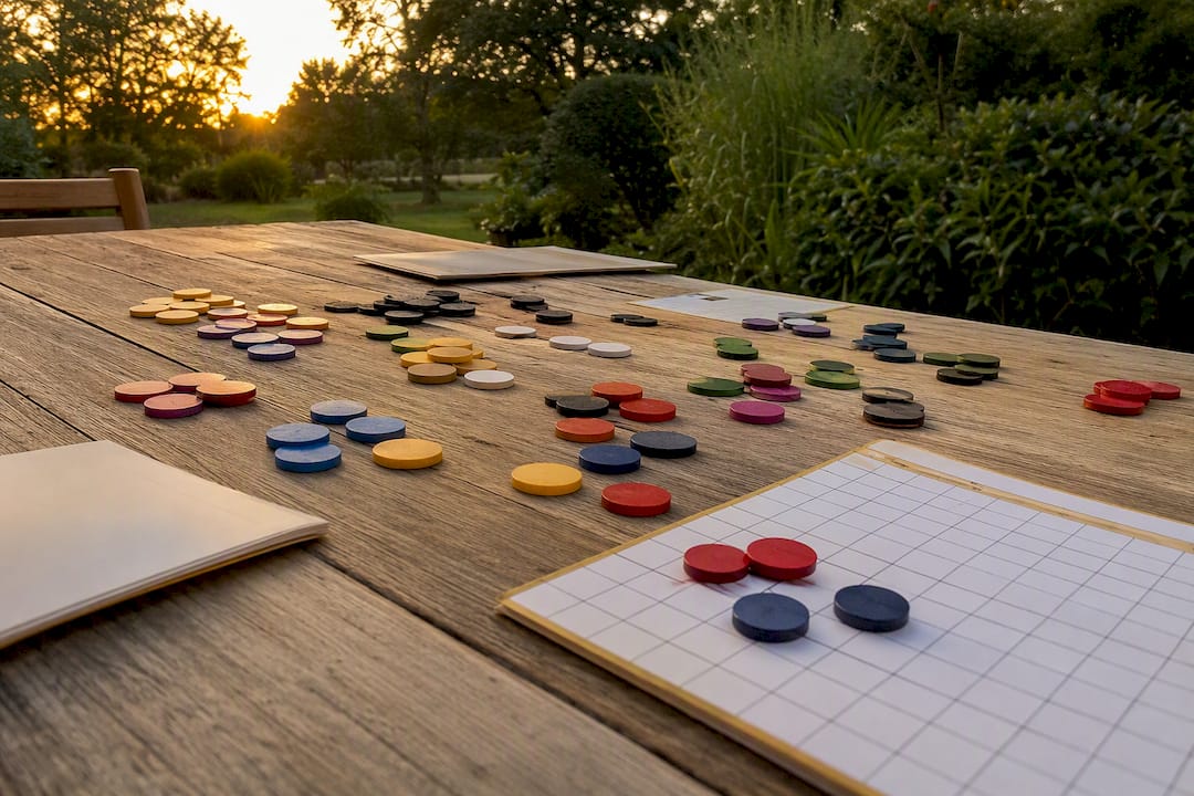 Colorful team draft tokens on table