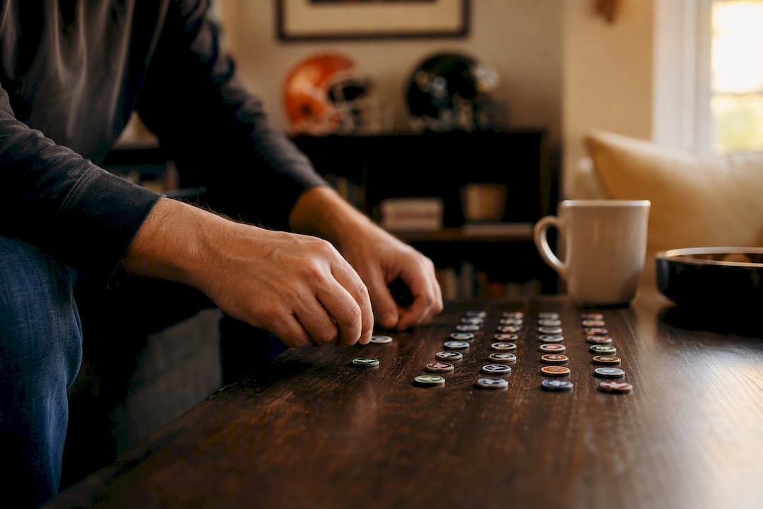 Hands arranging team tokens on draft table