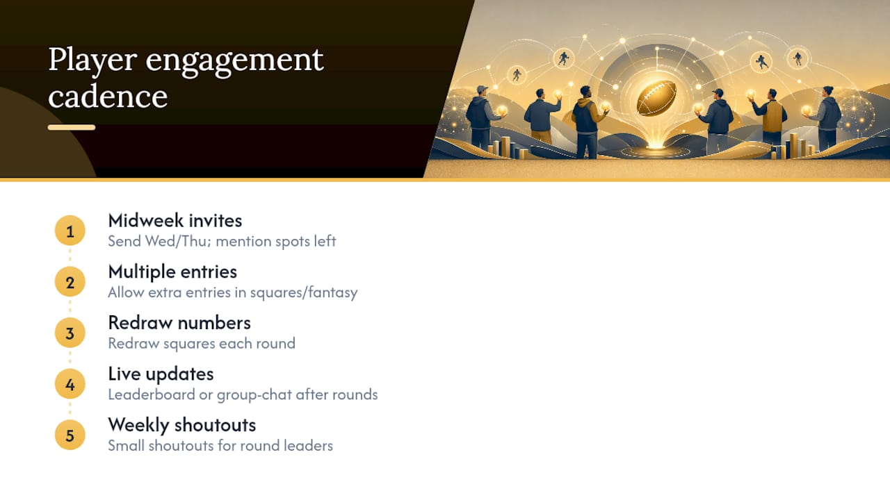 Playoff pool engagement cadence diagram
