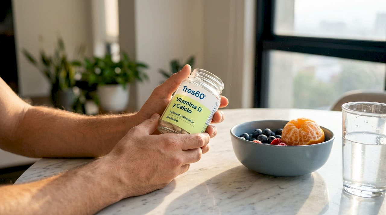 Una persona sostiene un suplemento de vitamina D en una mano y un vaso de agua en la otra, lista para tomarlo.