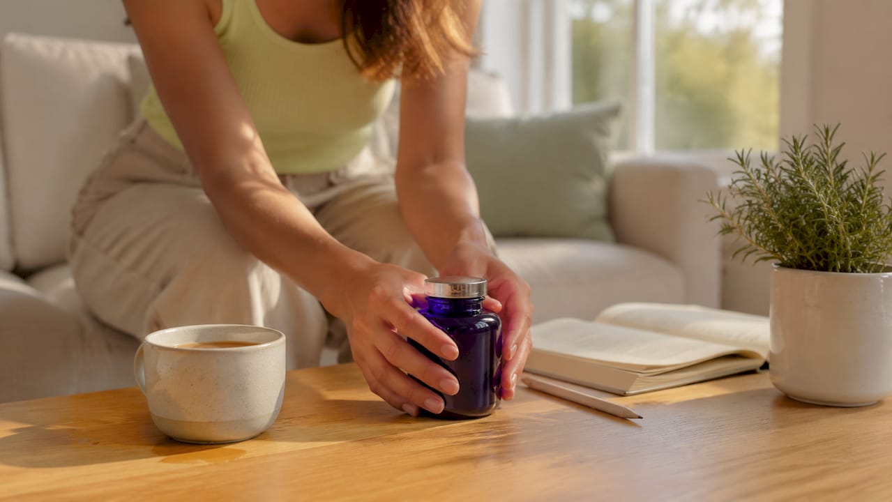 Unas manos colocan un frasco de vitamina D sobre la mesita de noche.