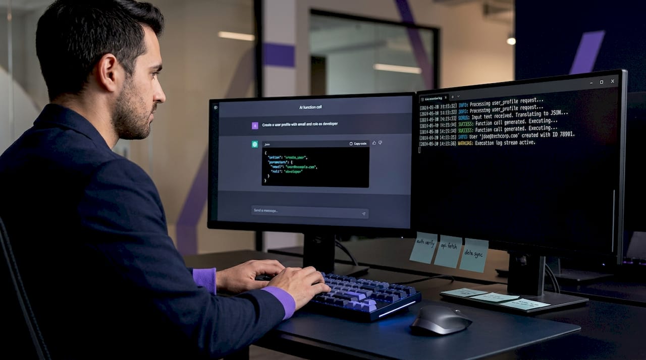 Dual screens displaying AI function call outputs and logs
