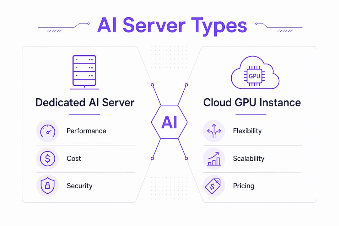 Infographic comparing dedicated AI servers and cloud GPU instances