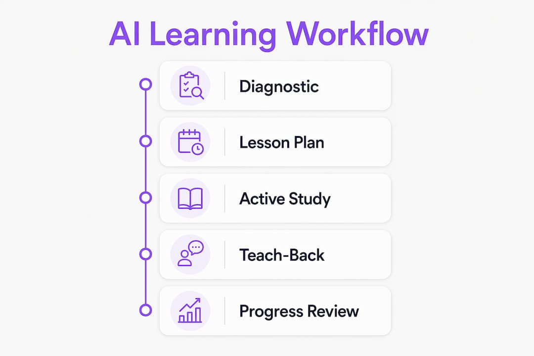 Infographic illustrating five-step AI learning workflow