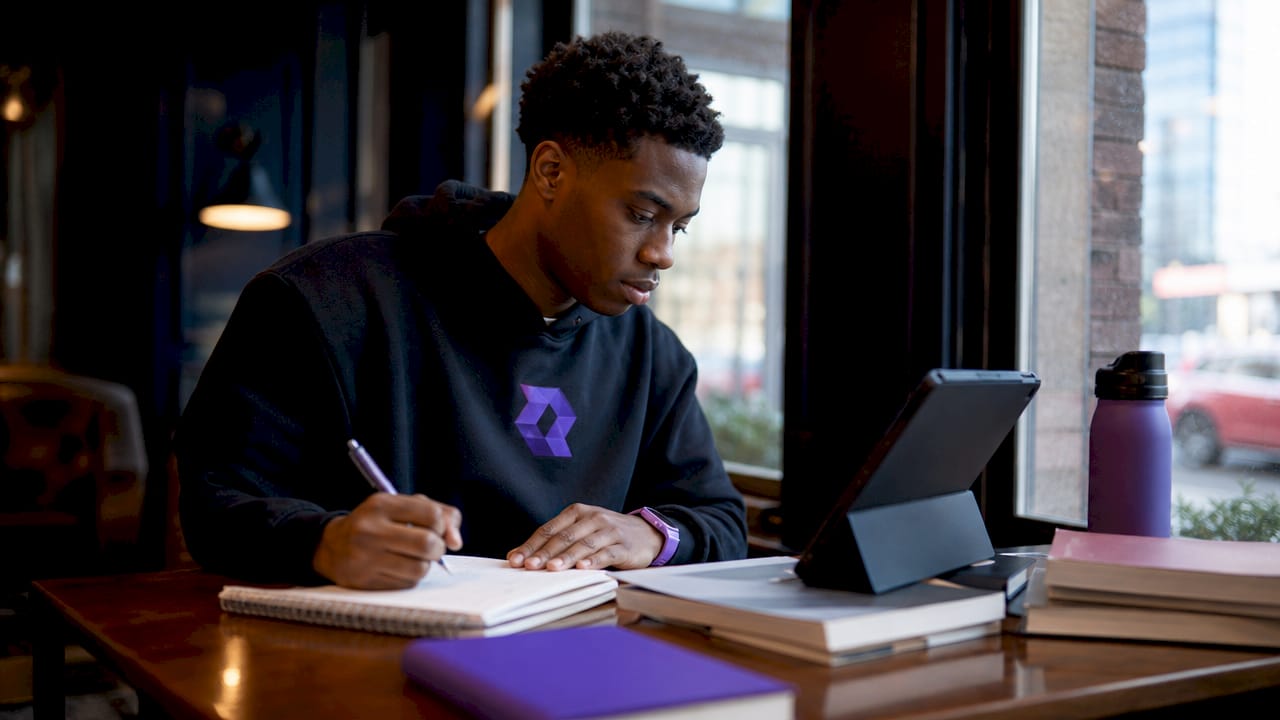 Student taking AI diagnostic quiz in library