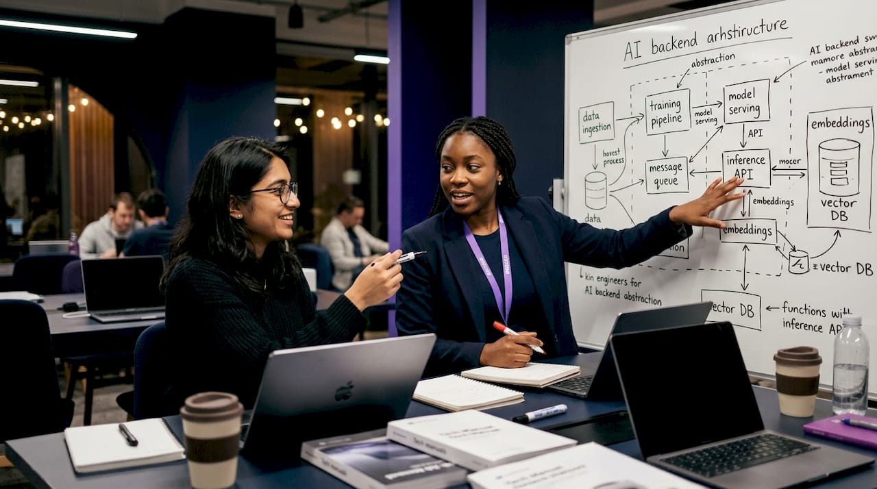 Engineers discussing AI backend abstraction architecture