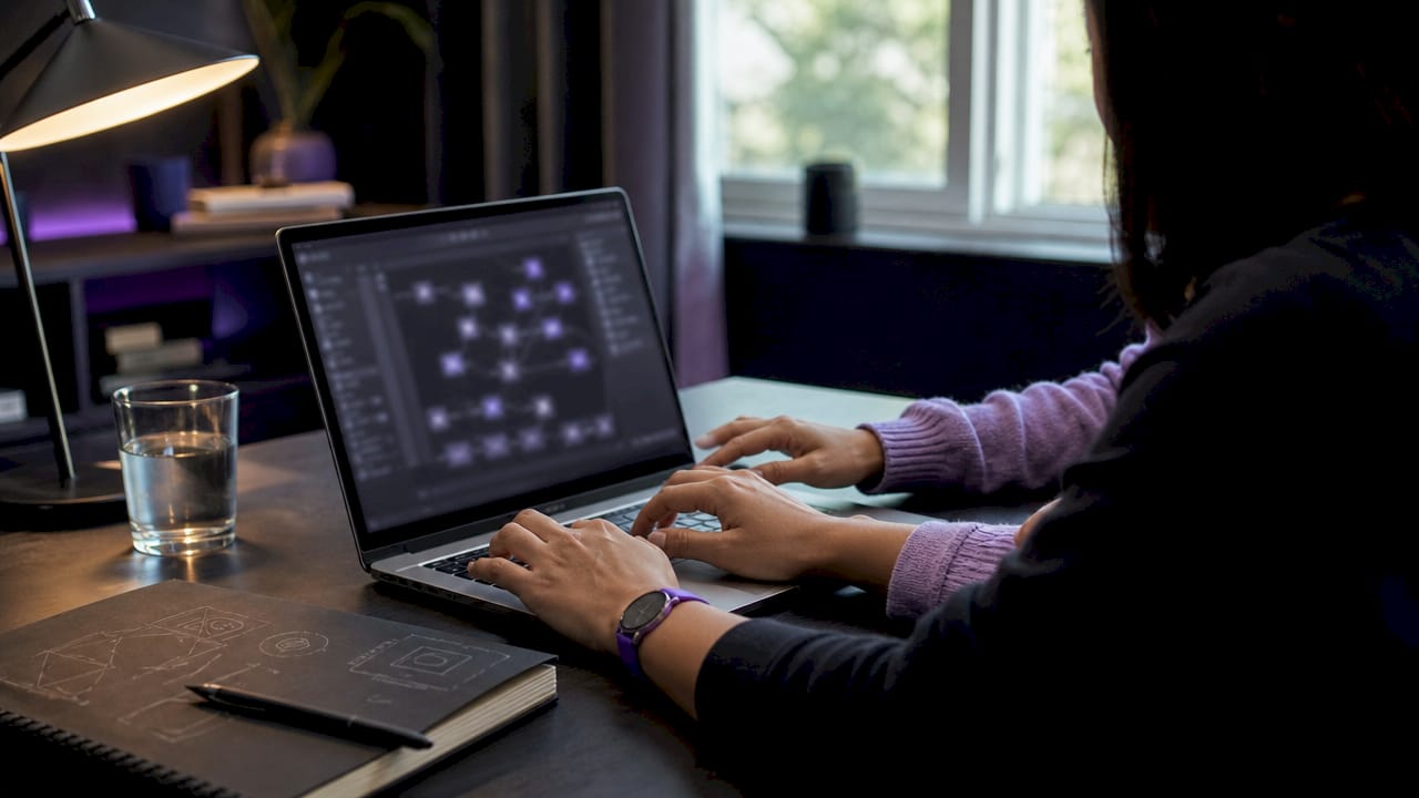 Hands typing on laptop creating AI map