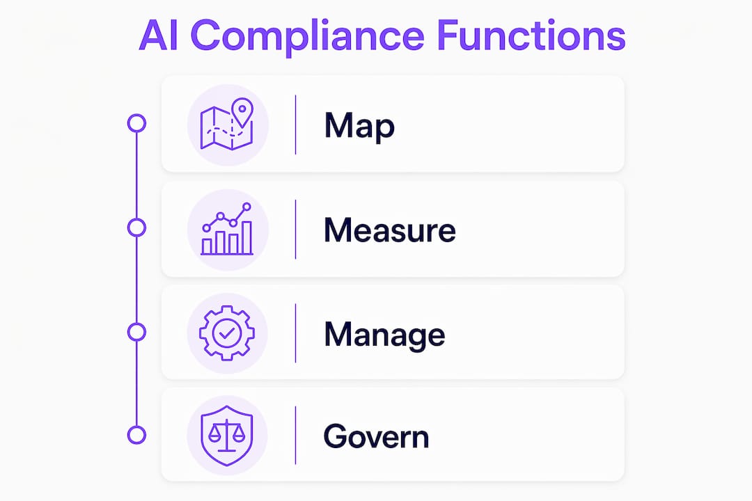 Infographic showing four core AI compliance functions in vertical flow