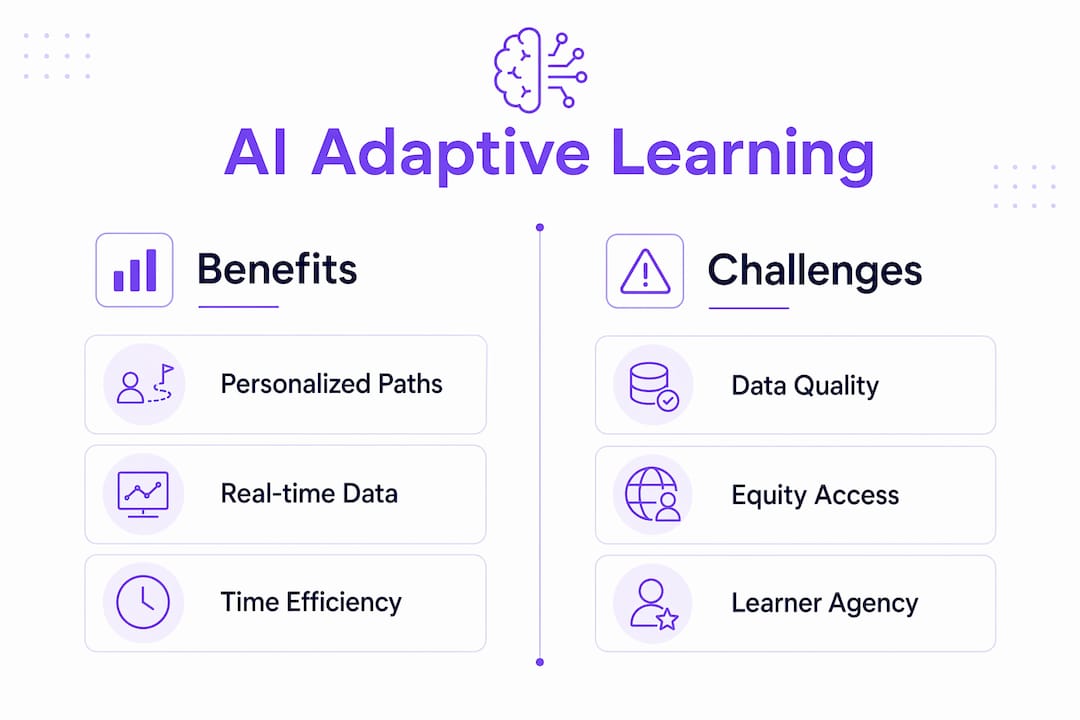 Infographic comparing benefits and challenges of AI adaptive learning