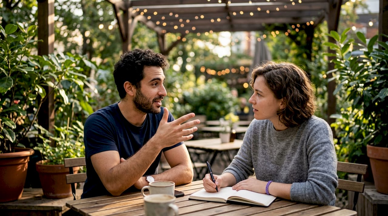 Two people engaging in Socratic questioning dialogue