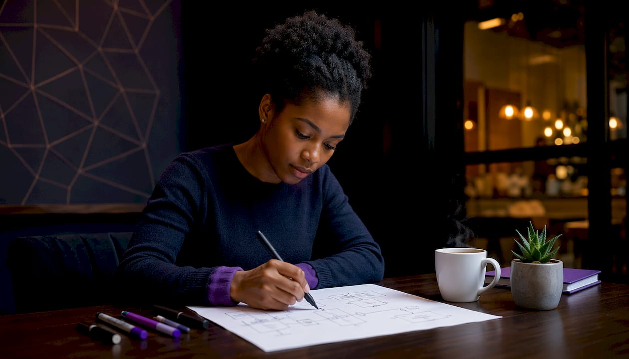Woman working on AI workflow sketches at home office