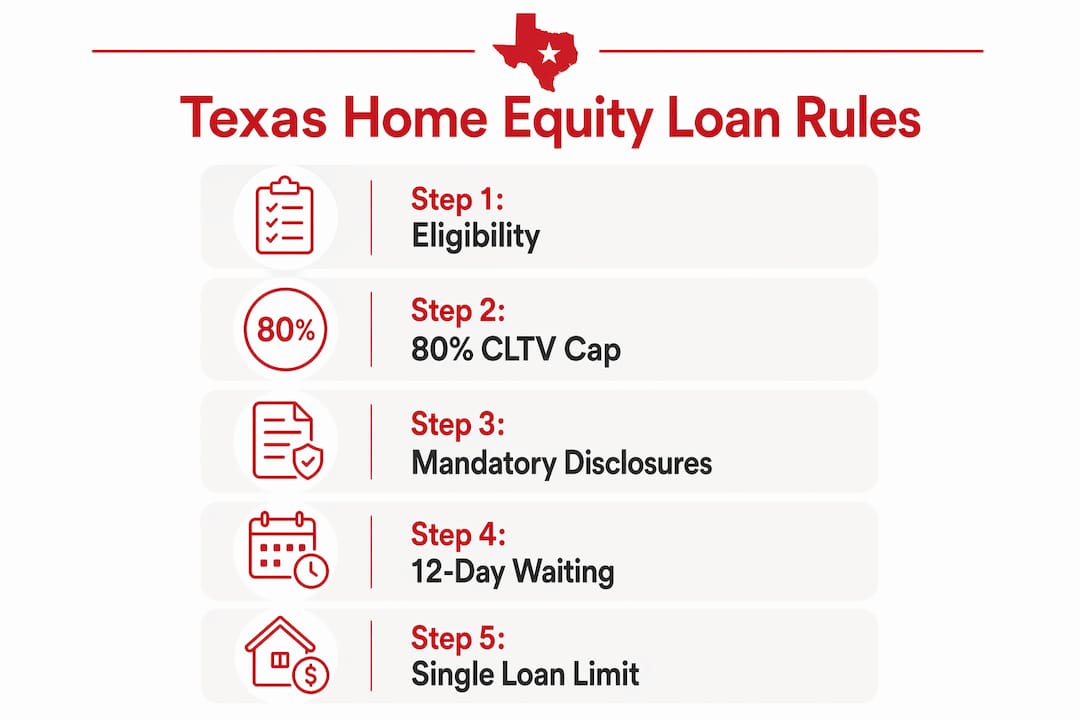 Infographic outlining five key Texas home equity loan rules