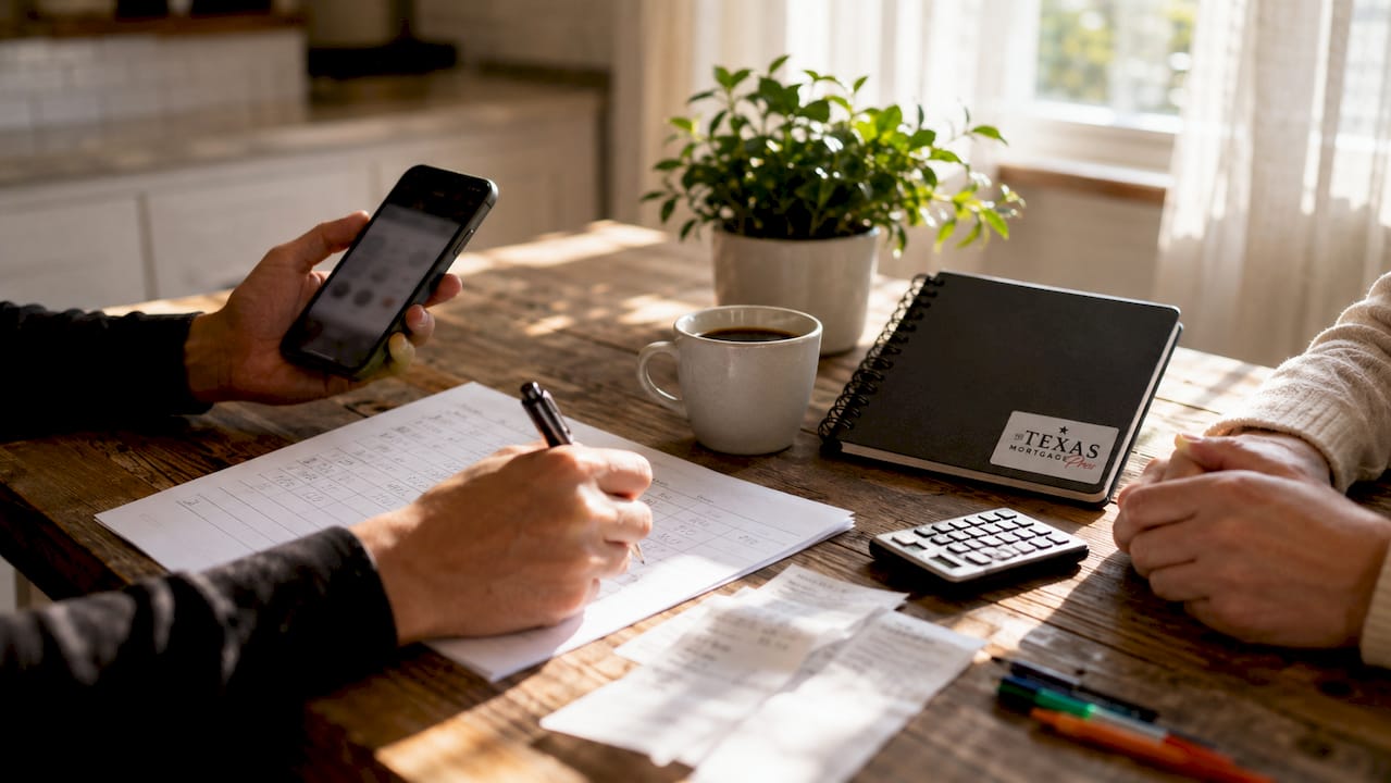 Hands reviewing monthly budget with calculator